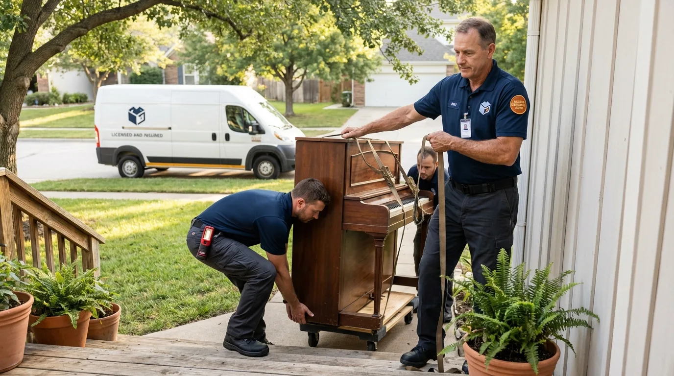 Licensed piano movers securing grand piano in Mound City, IL