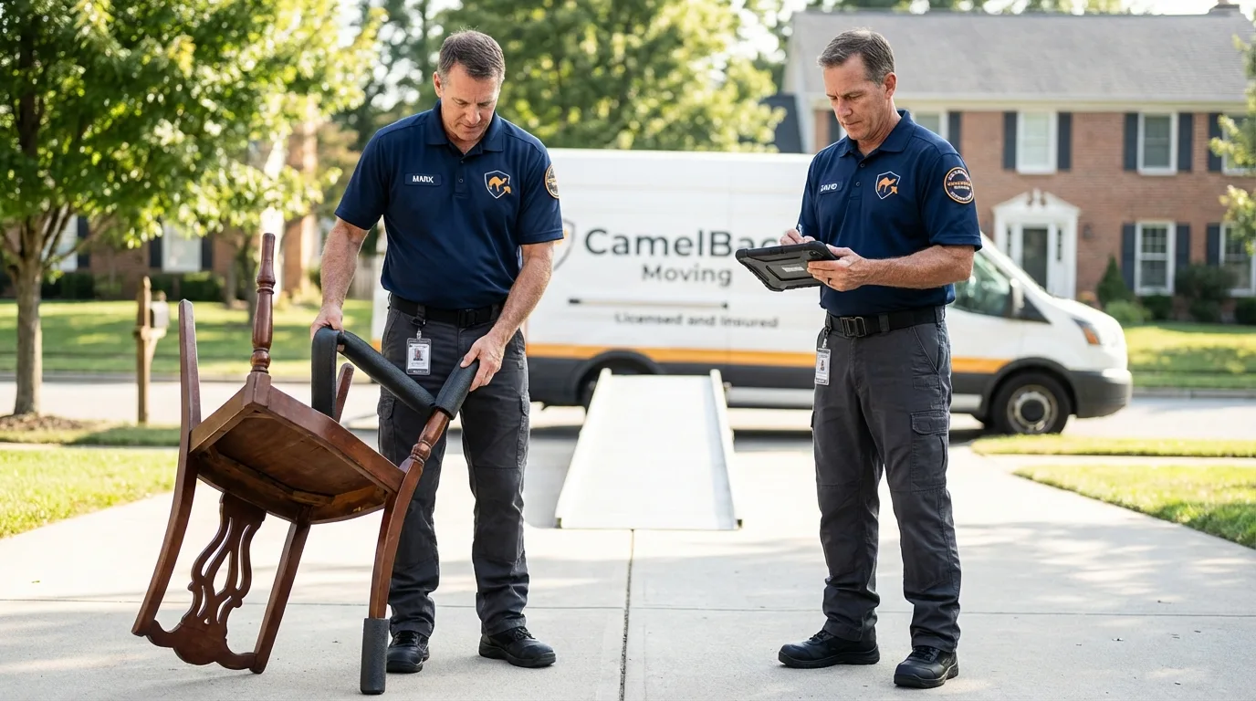 Movers inspecting furniture for damage prevention before loading in Mound City, IL