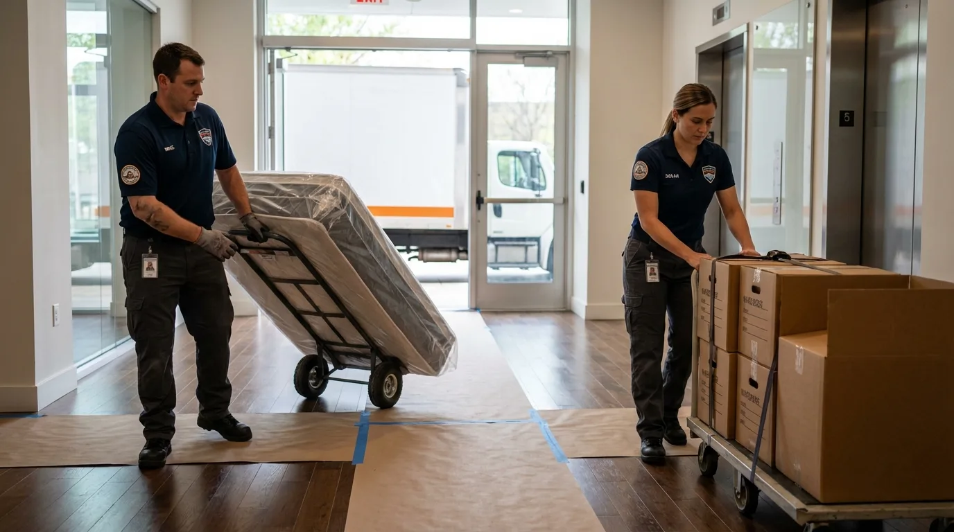 Professional apartment movers loading elevator in Mound City, IL