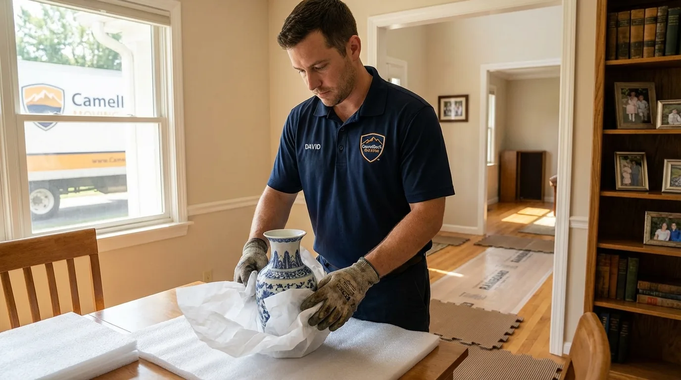 Professional crew carefully wrapping antique vase for senior downsizing move in Mound City, IL